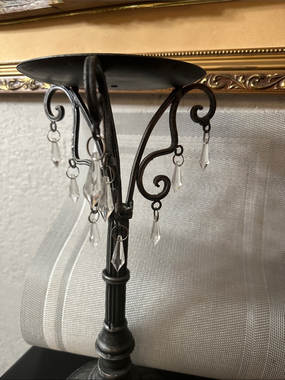 Antique Black Metal Candle Holder with Clear Crystal Drops